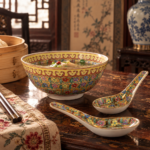 Πορσελάνινο κινεζικό μπολ με 2 κουτάλια Mun Shou (Qianlong Nian Zhi) - Image 5
